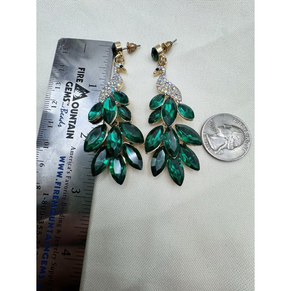 Peacock Drop Earrings Rhinestone Crystal Dangle Chandelier 2.9 inch Green - Picture 6 of 7